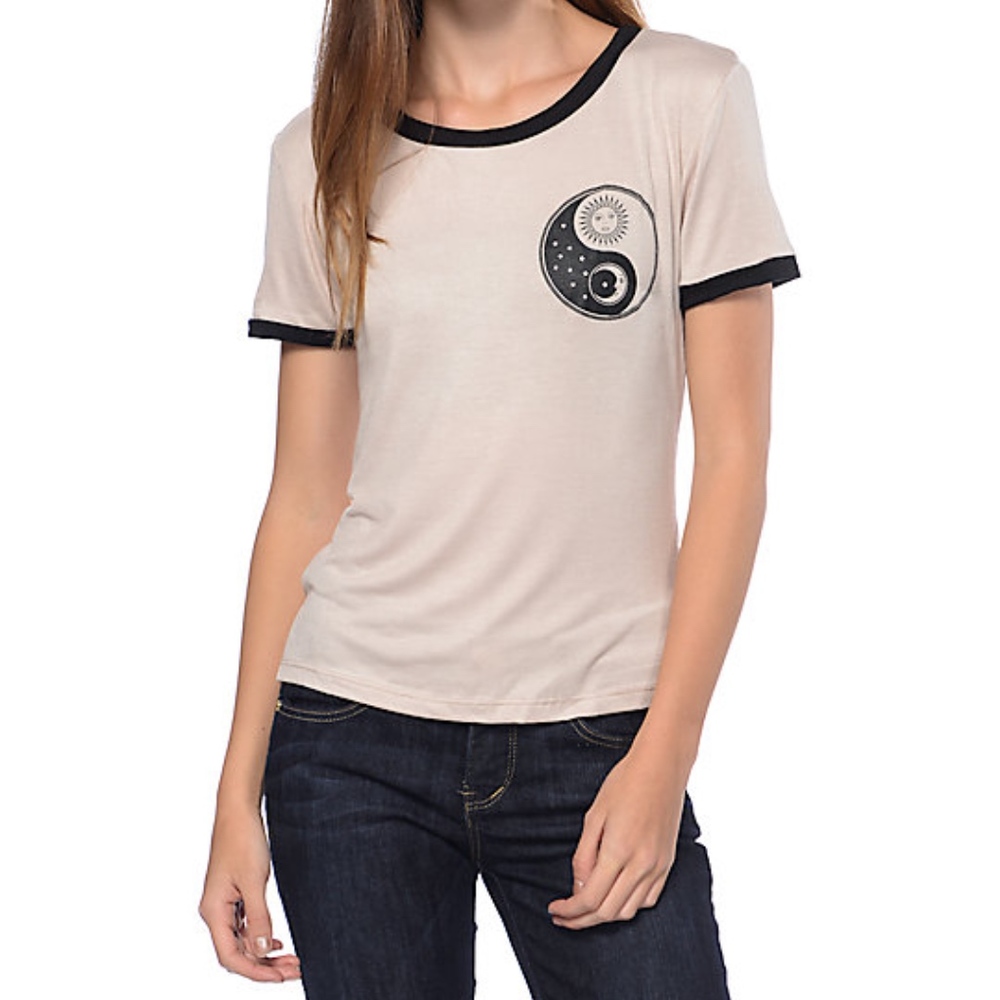 Sun Moon Yin Yang Taupe Ringer T-Shirt